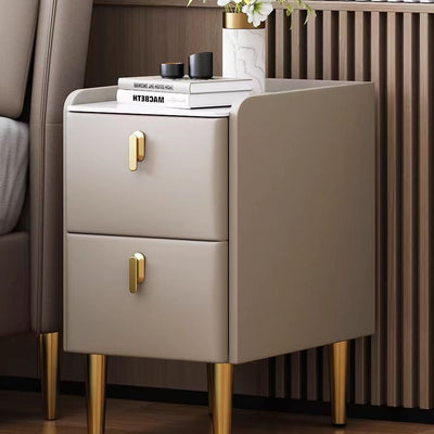 Modern Minimalist Stone Slab Glass Iron Faux Leather Rectangular Nightstand 2-Drawer For Bedroom