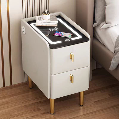 Modern Minimalist Stone Slab Glass Iron Faux Leather Rectangular Nightstand 2-Drawer For Bedroom