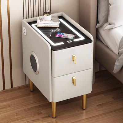 Modern Minimalist Stone Slab Glass Iron Faux Leather Rectangular Nightstand 2-Drawer For Bedroom