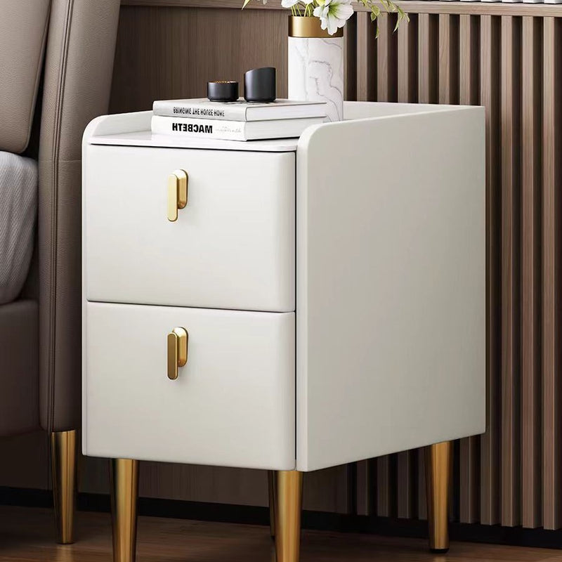 Modern Minimalist Stone Slab Glass Iron Faux Leather Rectangular Nightstand 2-Drawer For Bedroom