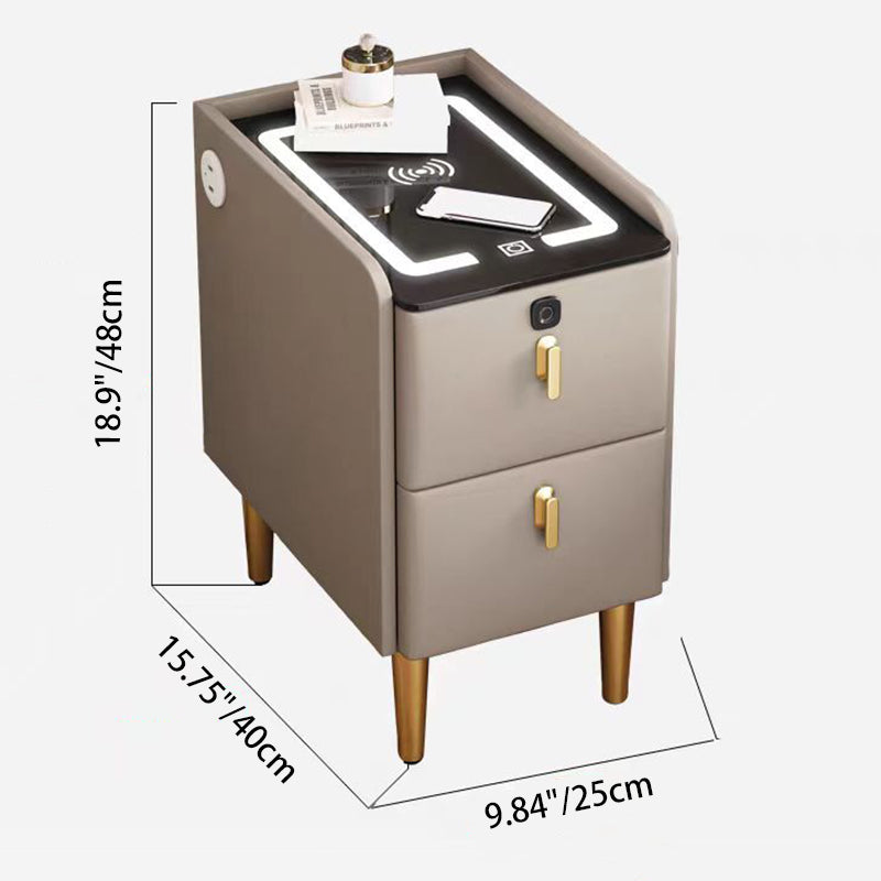 Modern Minimalist Stone Slab Glass Iron Faux Leather Rectangular Nightstand 2-Drawer For Bedroom