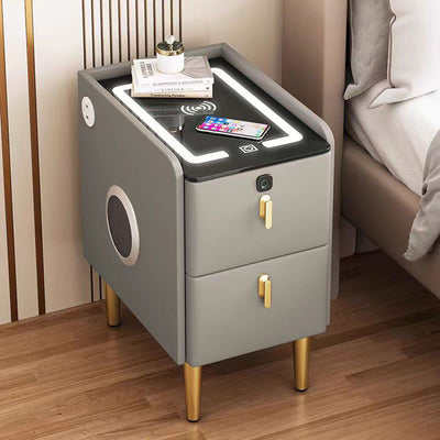 Modern Minimalist Stone Slab Glass Iron Faux Leather Rectangular Nightstand 2-Drawer For Bedroom