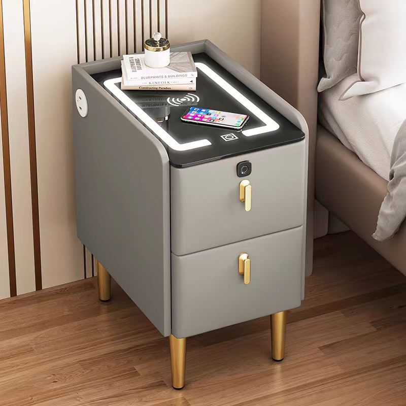 Modern Minimalist Stone Slab Glass Iron Faux Leather Rectangular Nightstand 2-Drawer For Bedroom