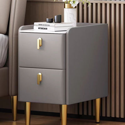 Modern Minimalist Stone Slab Glass Iron Faux Leather Rectangular Nightstand 2-Drawer For Bedroom