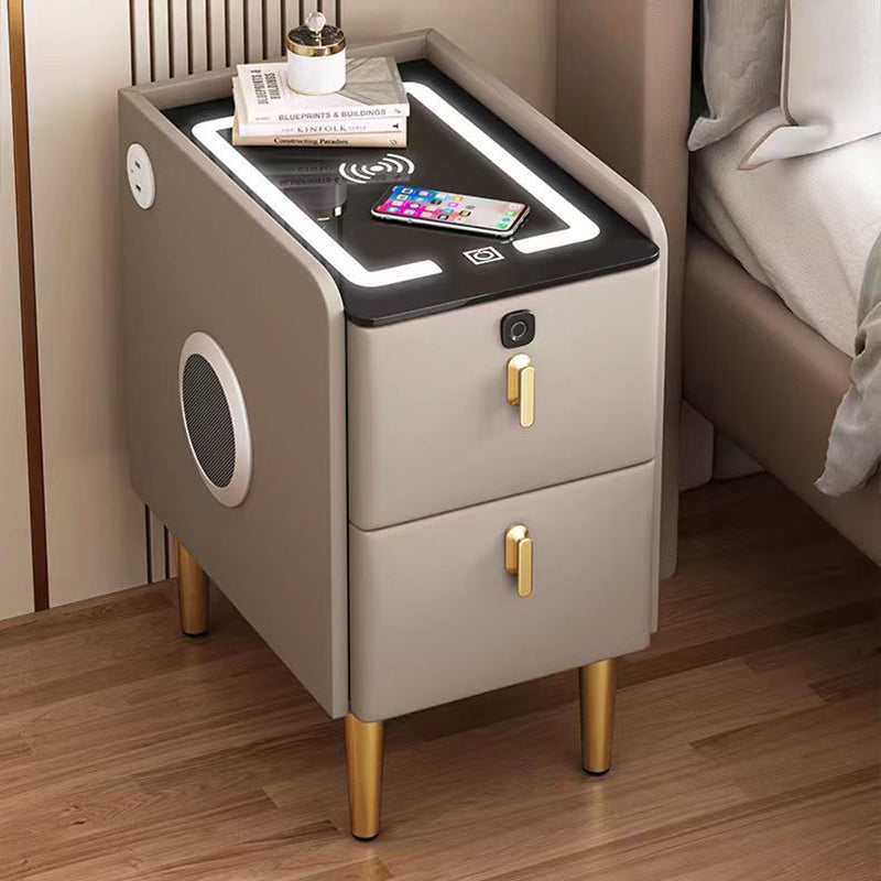 Modern Minimalist Stone Slab Glass Iron Faux Leather Rectangular Nightstand 2-Drawer For Bedroom