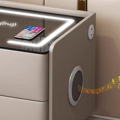 Modern Minimalist Stone Slab Glass Iron Faux Leather Rectangular Nightstand 2-Drawer For Bedroom