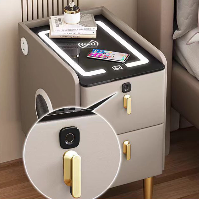 Modern Minimalist Stone Slab Glass Iron Faux Leather Rectangular Nightstand 2-Drawer For Bedroom