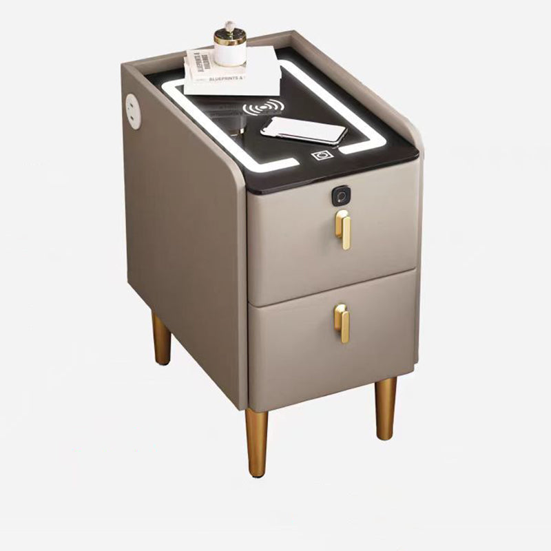 Modern Minimalist Stone Slab Glass Iron Faux Leather Rectangular Nightstand 2-Drawer For Bedroom