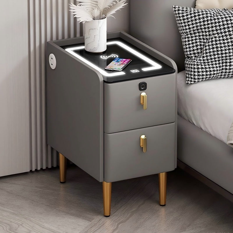 Modern Minimalist Stone Slab Glass Iron Faux Leather Rectangular Nightstand 2-Drawer For Bedroom