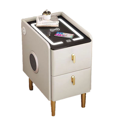 Modern Minimalist Stone Slab Glass Iron Faux Leather Rectangular Nightstand 2-Drawer For Bedroom