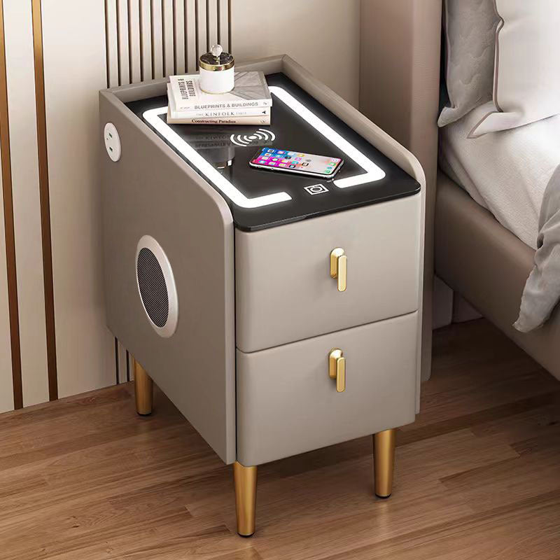 Modern Minimalist Stone Slab Glass Iron Faux Leather Rectangular Nightstand 2-Drawer For Bedroom