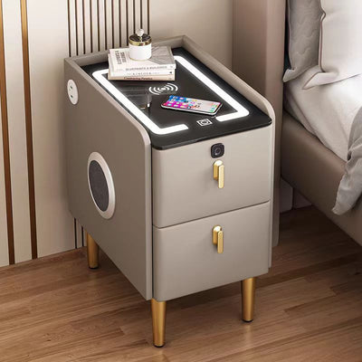 Modern Minimalist Stone Slab Glass Iron Faux Leather Rectangular Nightstand 2-Drawer For Bedroom