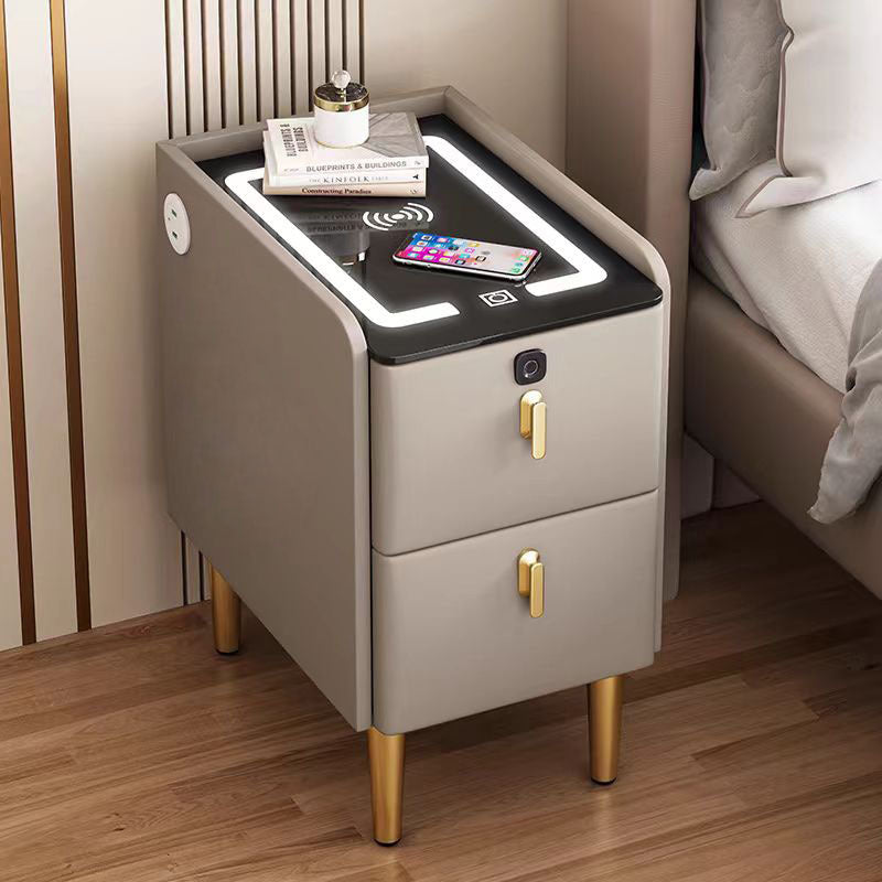 Modern Minimalist Stone Slab Glass Iron Faux Leather Rectangular Nightstand 2-Drawer For Bedroom