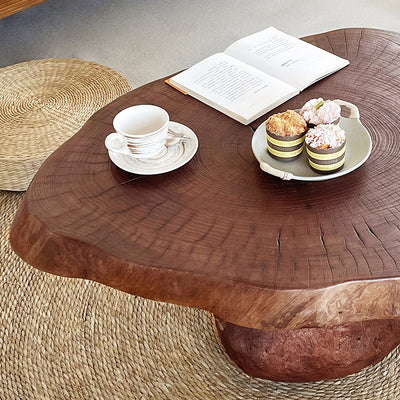 Traditional Rustic Solid Wood Round Mushroom Coffee Table 1-Tier For Living Room