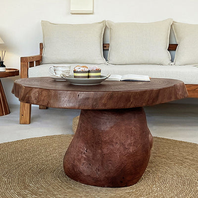Traditional Rustic Solid Wood Round Mushroom Coffee Table 1-Tier For Living Room