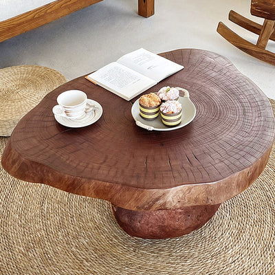 Traditional Rustic Solid Wood Round Mushroom Coffee Table 1-Tier For Living Room