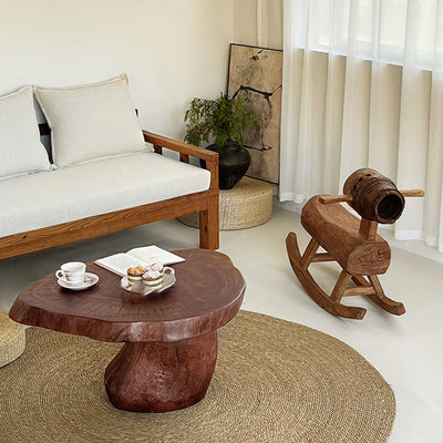Traditional Rustic Solid Wood Round Mushroom Coffee Table 1-Tier For Living Room