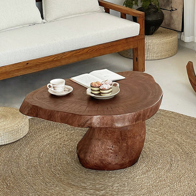 Traditional Rustic Solid Wood Round Mushroom Coffee Table 1-Tier For Living Room