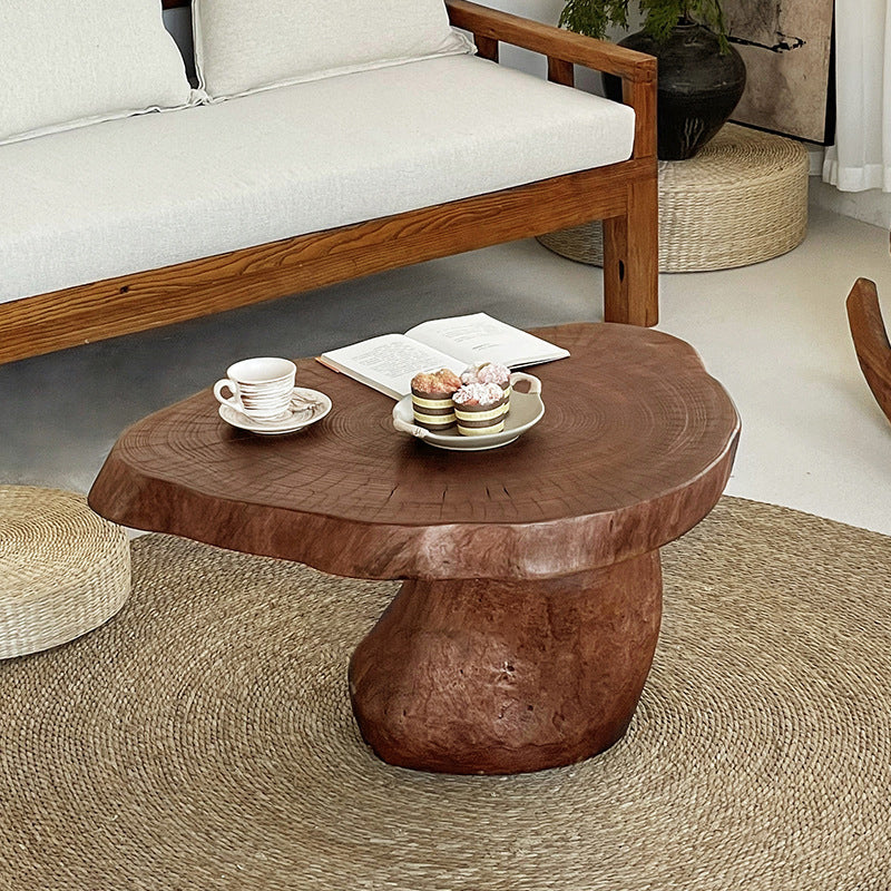 Traditional Rustic Solid Wood Round Mushroom Coffee Table 1-Tier For Living Room