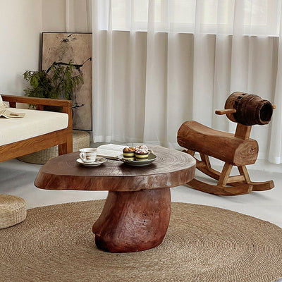 Traditional Rustic Solid Wood Round Mushroom Coffee Table 1-Tier For Living Room