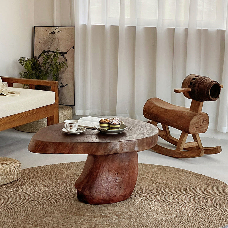 Traditional Rustic Solid Wood Round Mushroom Coffee Table 1-Tier For Living Room