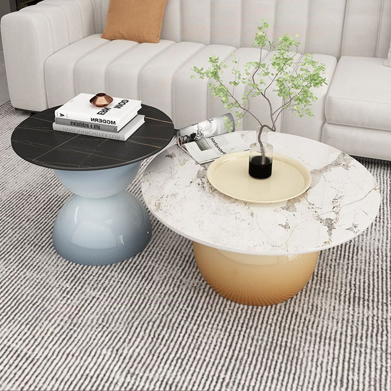 Contemporary Nordic Stone Slab Iron Cylindrical Coffee Table 1-Tier For Living Room