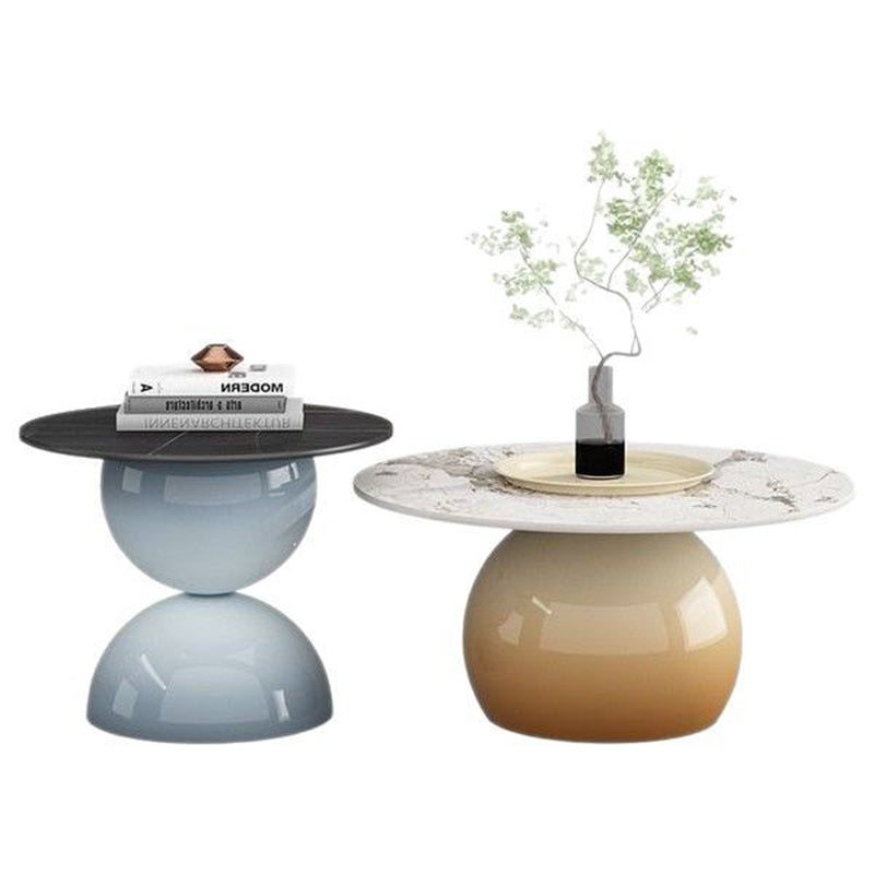 Contemporary Nordic Stone Slab Iron Cylindrical Coffee Table 1-Tier For Living Room