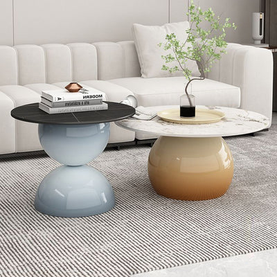 Contemporary Nordic Stone Slab Iron Cylindrical Coffee Table 1-Tier For Living Room