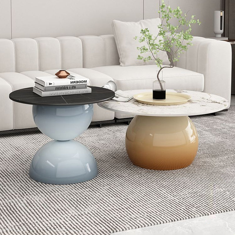Contemporary Nordic Stone Slab Iron Cylindrical Coffee Table 1-Tier For Living Room