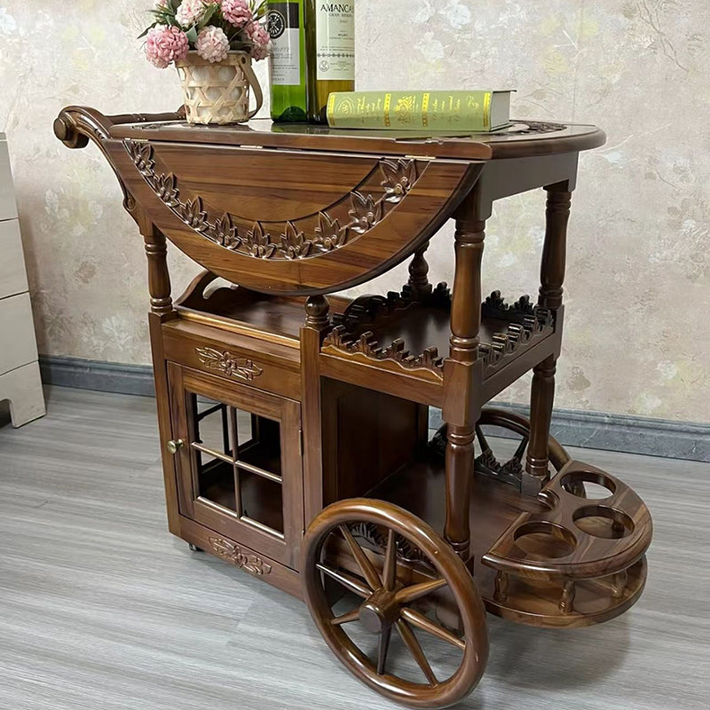 Modern Mid-Century Solid Wood Acrylic Rattan Round Rolling Cart Coffee Table 2-Tier For Living Room