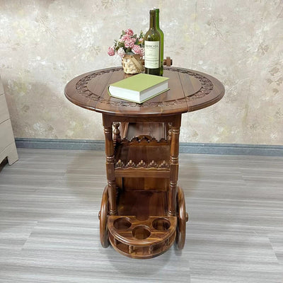 Modern Mid-Century Solid Wood Acrylic Rattan Round Rolling Cart Coffee Table 2-Tier For Living Room