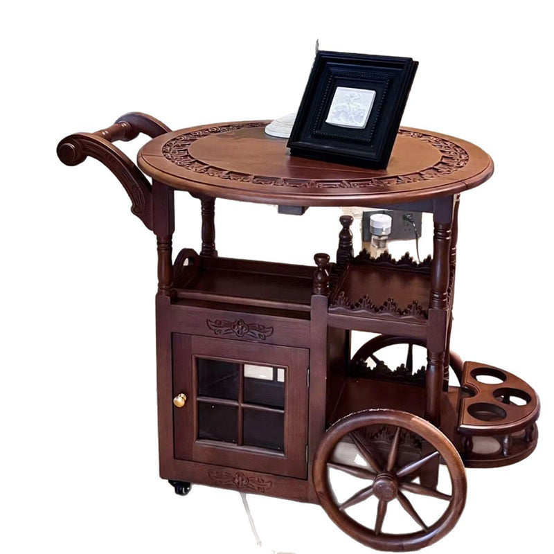 Modern Mid-Century Solid Wood Acrylic Rattan Round Rolling Cart Coffee Table 2-Tier For Living Room