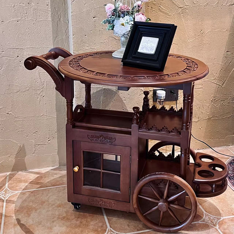 Modern Mid-Century Solid Wood Acrylic Rattan Round Rolling Cart Coffee Table 2-Tier For Living Room