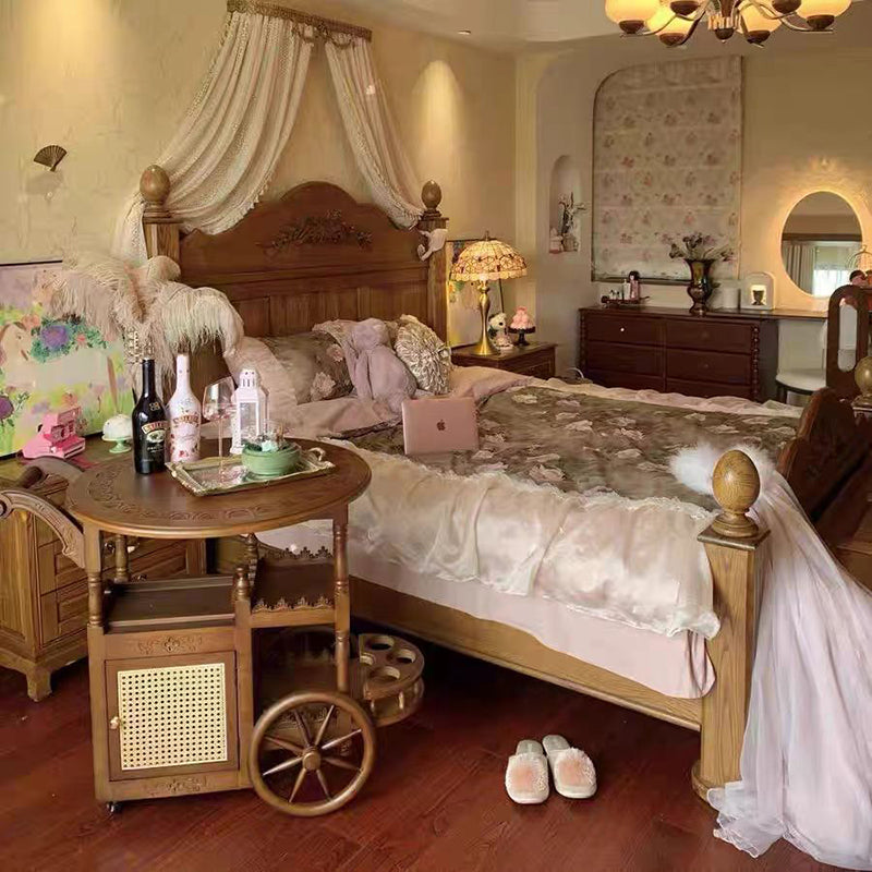 Modern Mid-Century Solid Wood Acrylic Rattan Round Rolling Cart Coffee Table 2-Tier For Living Room