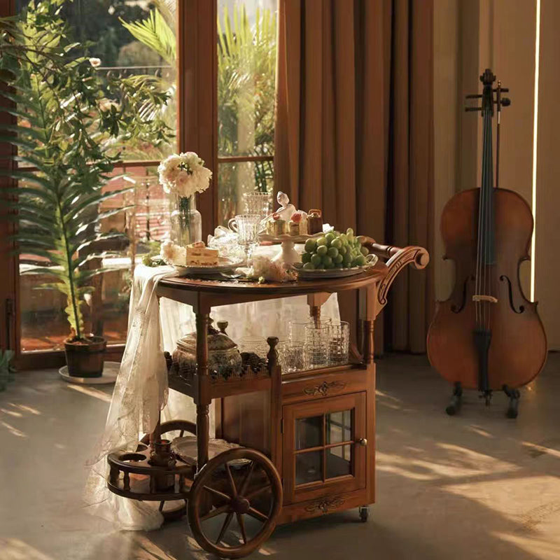 Modern Mid-Century Solid Wood Acrylic Rattan Round Rolling Cart Coffee Table 2-Tier For Living Room