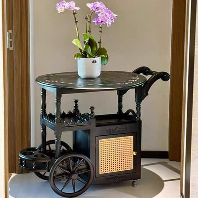 Modern Mid-Century Solid Wood Acrylic Rattan Round Rolling Cart Coffee Table 2-Tier For Living Room