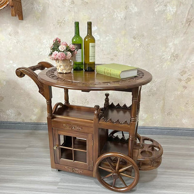 Modern Mid-Century Solid Wood Acrylic Rattan Round Rolling Cart Coffee Table 2-Tier For Living Room