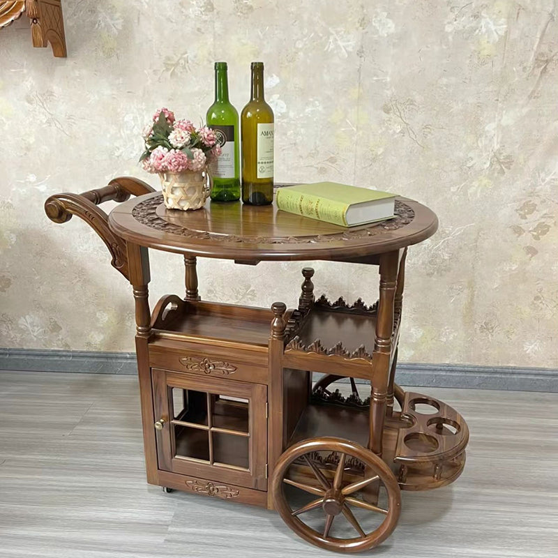 Modern Mid-Century Solid Wood Acrylic Rattan Round Rolling Cart Coffee Table 2-Tier For Living Room