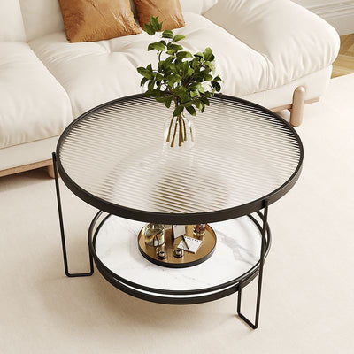 Modern Minimalist Glass Stone Slab Iron Cylindrical Coffee Table 2-Tier For Living Room