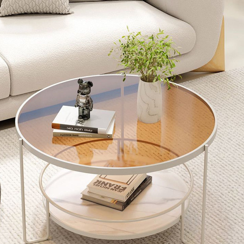 Modern Minimalist Glass Stone Slab Iron Cylindrical Coffee Table 2-Tier For Living Room