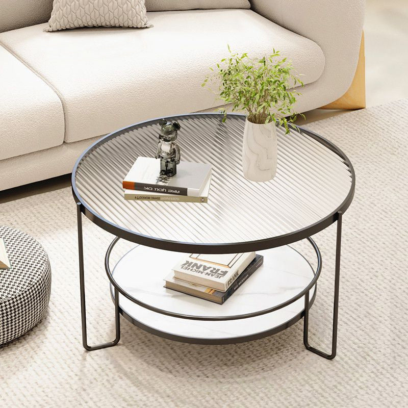 Modern Minimalist Glass Stone Slab Iron Cylindrical Coffee Table 2-Tier For Living Room