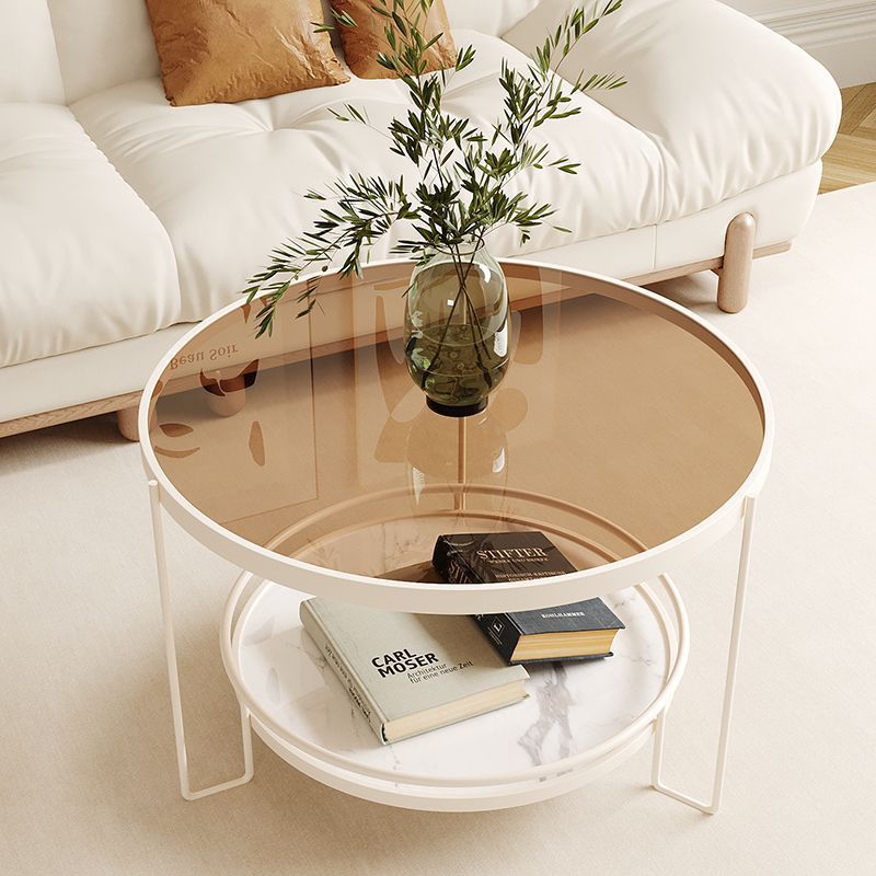 Modern Minimalist Glass Stone Slab Iron Cylindrical Coffee Table 2-Tier For Living Room