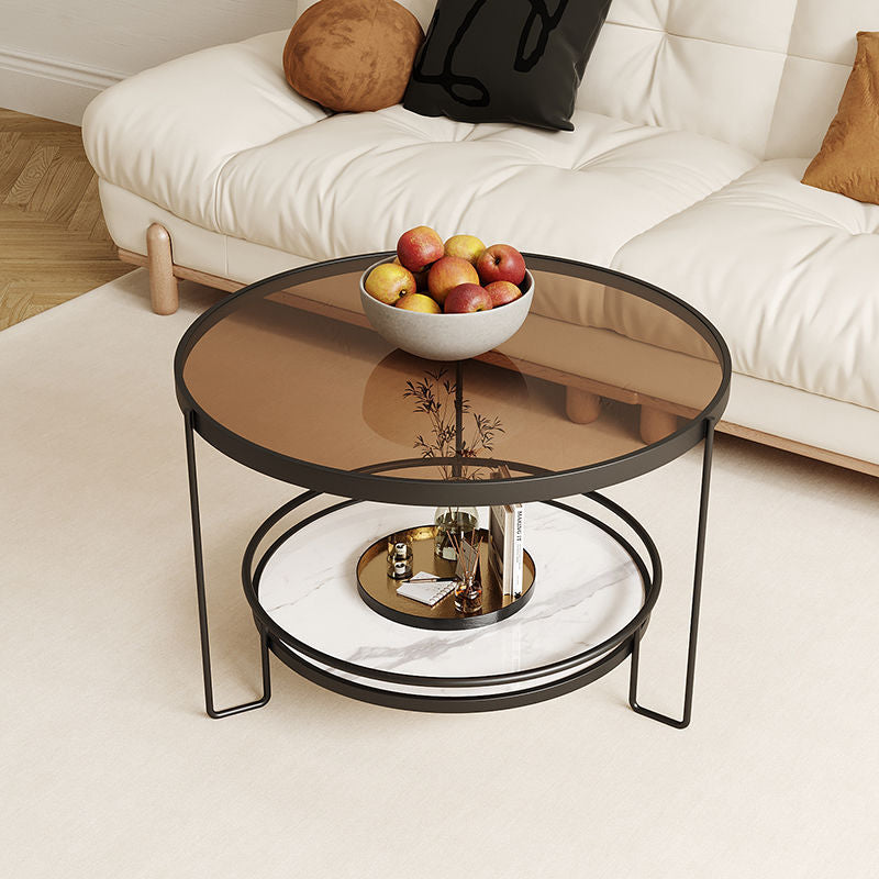 Modern Minimalist Glass Stone Slab Iron Cylindrical Coffee Table 2-Tier For Living Room