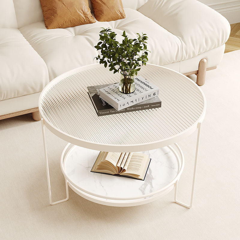 Modern Minimalist Glass Stone Slab Iron Cylindrical Coffee Table 2-Tier For Living Room