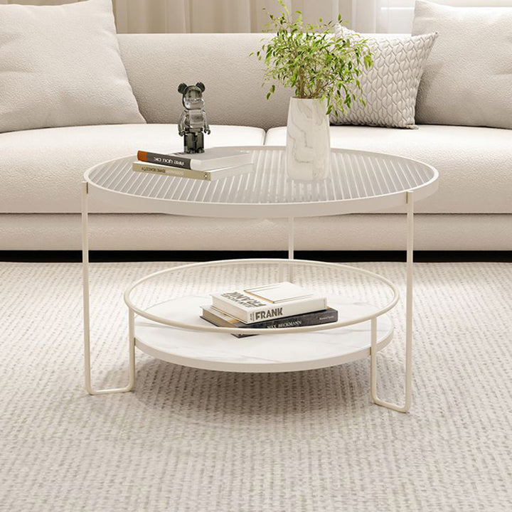 Moderner minimalistischer Glas-Steinplatten-Eisen-Zylindrischer Couchtisch 2-stufig für Wohnzimmer 