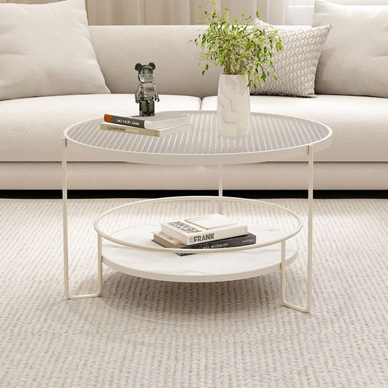 Modern Minimalist Glass Stone Slab Iron Cylindrical Coffee Table 2-Tier For Living Room