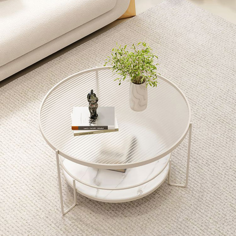 Modern Minimalist Glass Stone Slab Iron Cylindrical Coffee Table 2-Tier For Living Room