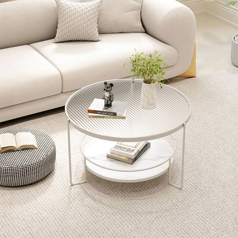 Modern Minimalist Glass Stone Slab Iron Cylindrical Coffee Table 2-Tier For Living Room