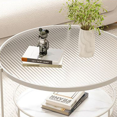 Modern Minimalist Glass Stone Slab Iron Cylindrical Coffee Table 2-Tier For Living Room