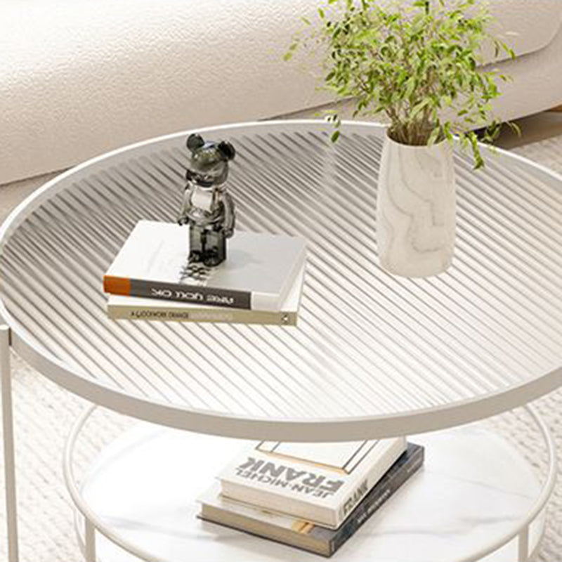 Modern Minimalist Glass Stone Slab Iron Cylindrical Coffee Table 2-Tier For Living Room